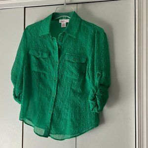 NWOT! Nine West Sheer Button Down Blouse, Rolled Sleeves -  Green - Size 8